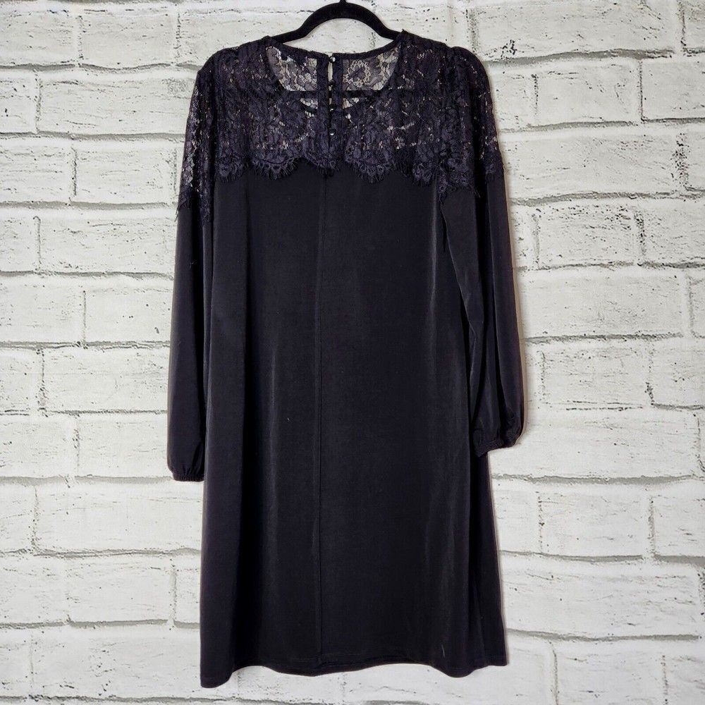 Trucloth Long Sleeve Solid Black Lace Neckline Knee Length Shirt Dress Large LBD